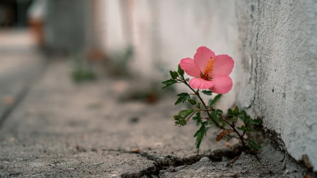 Pink Flower Blooming Through Concrete Crack