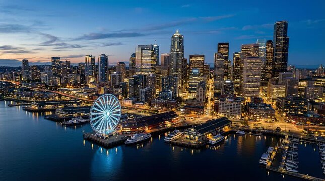 City skyline at dusk with ferris wheel and waterfront