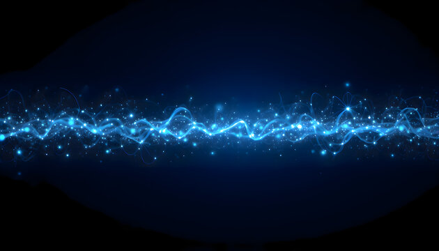 Dark blue background with glowing lines and stars, cosmic astronomy universe illustration, deep galaxy sky constellation design layout