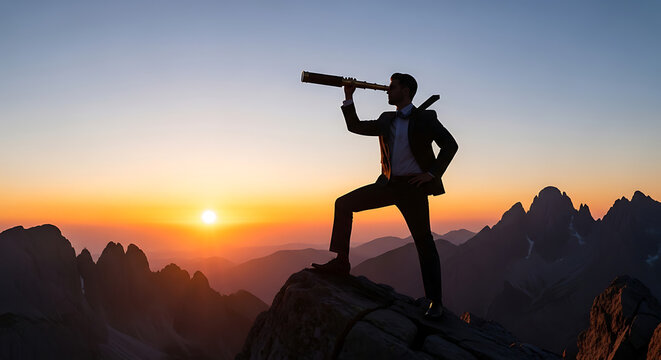 Silhouette of a visionary business person standing atop a mountain peak using a telescope during sunrise to symbolize leadership strategy and long-term professional foresight success
