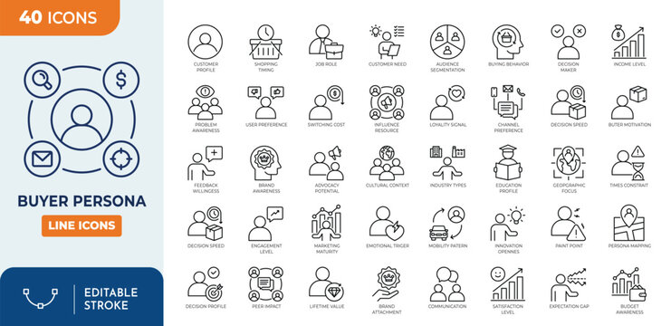 Buyer persona icon set. Editable stroke. Vector illustration