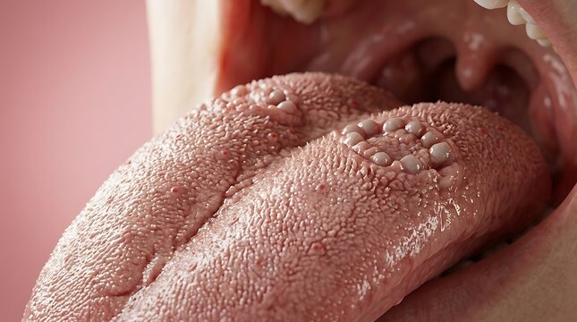 Ultra realistic 3D render of a human tongue highly detailed anatomical structure realistic papillae texture and organic surface medical grade visualization photorealistic CGI cinematic lighting clean 