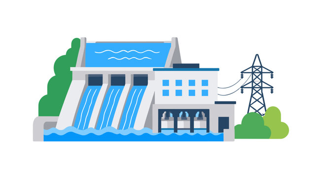Large Hydroelectric Dam Structure With Water Gates And Power Station.
