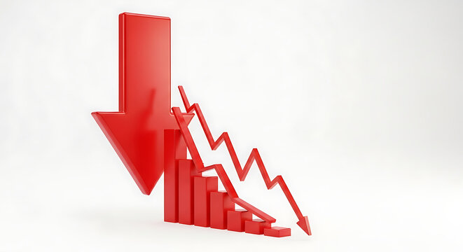 Red Downward Arrow with Falling Bar and Line Graphs Representing Financial Stock Market Crash Recession Economic Collapse and Global Business Crisis in Negative Monetary Trend Concept