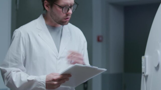 Young male radiologist interviewing senior female patient lying on CT scanner bed and writing medical records after diagnostic procedure in gantry room. Tilt up shot