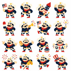 Fototapeta premium Cute cartoon cowboy characters set celebrating Independence Day with American flags and fireworks on a white background with bright festive colors feeling patriotic and joyful.