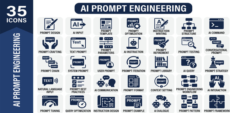 AI Prompt Engineering solid icon set for Generative AI interface, LLM optimization, prompt crafting, context control and machine learning UI.