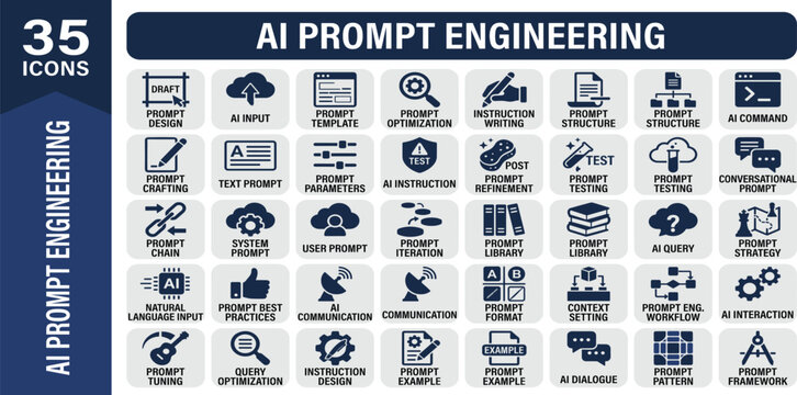 AI Prompt Engineering solid icon set for Generative AI interface, LLM optimization, prompt crafting, context control and machine learning UI.