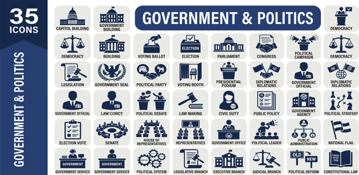 Government and Politics solid icon set for democracy, voting, election, legislation, diplomacy, authority, civil rights, and law symbols. Solid icon collection.