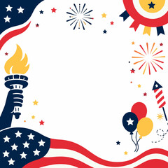 Obraz premium Patriotic American symbols framing white background celebrating Independence Day with a festive mood and central copy space for text.