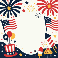 Obraz premium Patriotic American Independence Day elements like flags and fireworks framing a central blank space for celebration in a bright flat vector style with large copy space.