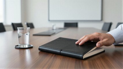 Fototapeta premium Hand rests on black folder atop wooden conference table glass of