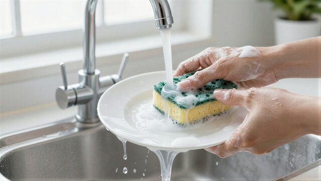 Hands wash a plate under running water with soapy sponge in kitchen