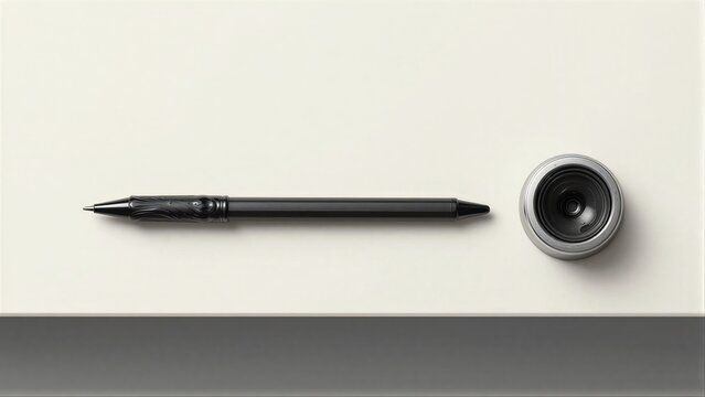 Minimalist black pen beside silver circular object on neutral-toned