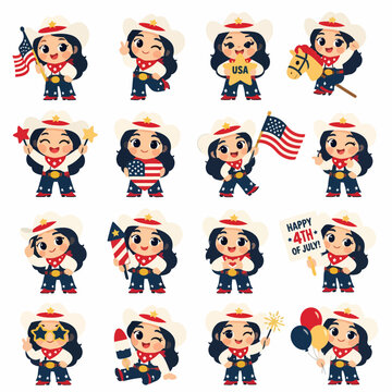 Cute chibi cowgirl characters celebrating Independence Day with flags and fireworks on isolated white background bright and cheerful feeling patriotic vector illustration sticker set.