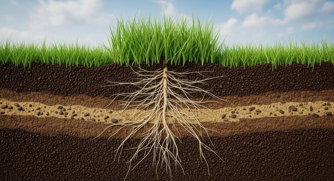 Beneath the Blades: A Detailed Cross-Section of Grass Roots in Stratified Soil