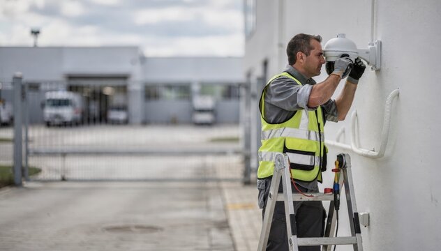 Technician securing wallmount camera overlooking vehicle entrance main focus on the camera and technician with soft blurred perimeter.
