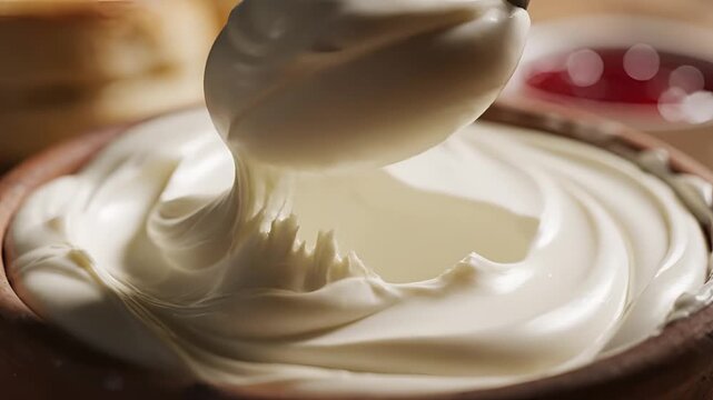 Closeup of a spoon scooping creamy white substance from a bowl.