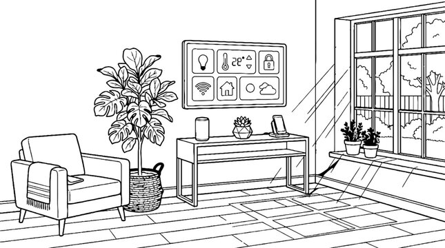 Smart home living room interior with automation control panel