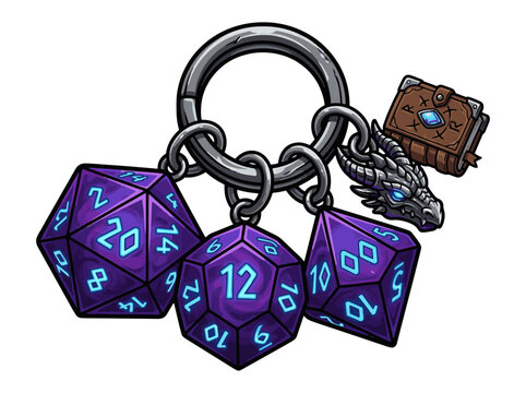 Fantasy polyhedral dice keychain with dragon and book charm, Dungeons & Dragons inspired
