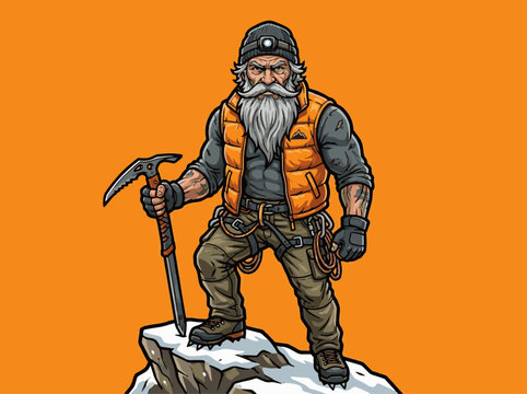 Cartoon bearded mountaineer in orange vest standing on snowy peak with pickaxe