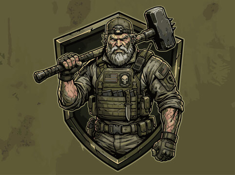 Tough old man in military gear with a large hammer over his shoulder