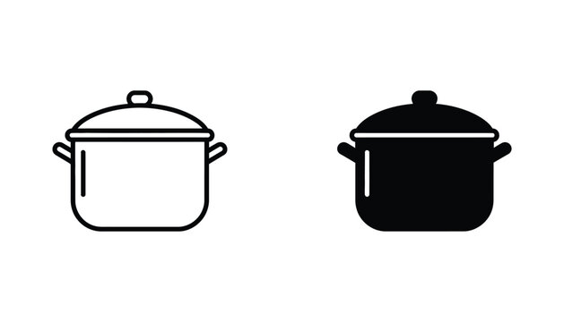 Cooking pot with lid line art and solid black silhouette icon set for kitchenware or restaurant branding design