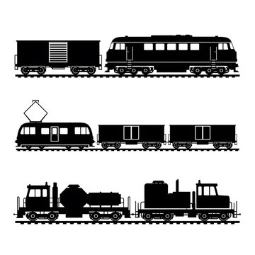 Black silhouette train locomotives carriages.