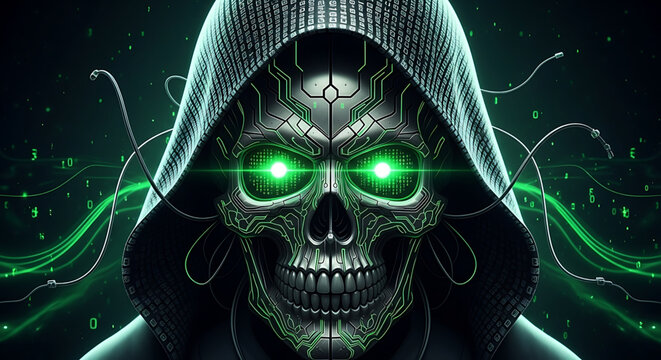 A skeletal-looking head, characterized by elements reminiscent of hacker culture and cyberpunk aesthetics. Composed of metal plates, integrated circuits, and lines that simulate electronic wiring.