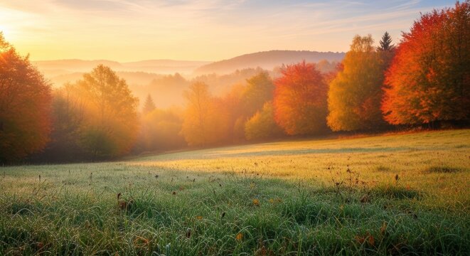 Golden Dawn Mist Veils a Vibrant Autumn Forest and Dewy Meadow
