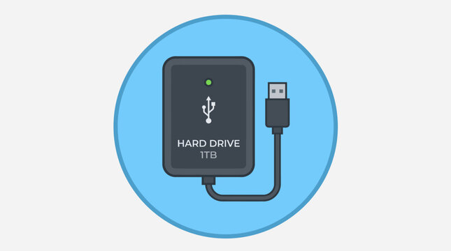 Portable external hard drive icon with USB cable connection, representing data storage and digital technology