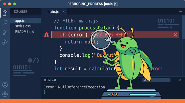 Funny cartoon bug with magnifying glass debugging code on a computer screen with code editor and terminal output