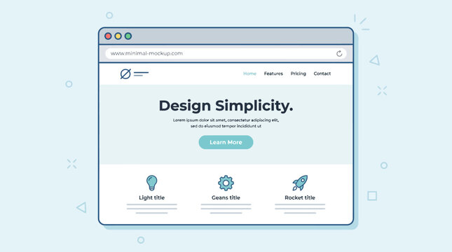 Modern web browser interface showcasing a minimalist website design with feature icons and a clean layout for a professional online presence concept