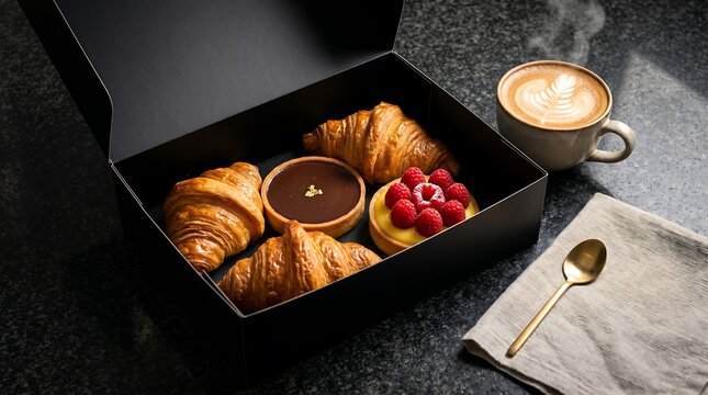 Assorted French pastries in a luxury black gift box beside a steaming latte for elegant breakfast.