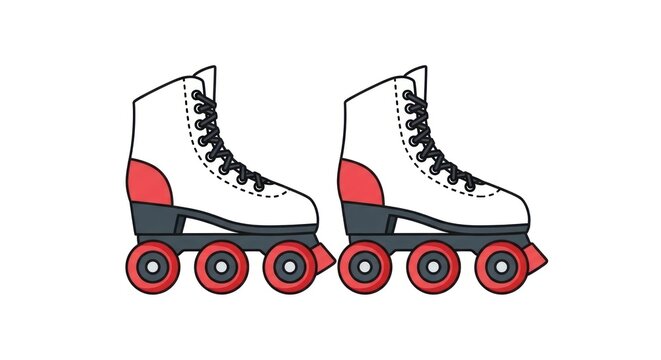 Pair of inline skates in white and red with black laces and wheels