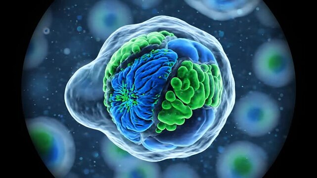 Microscopic view of a dividing cell with intricate internal structures and surrounding cells.