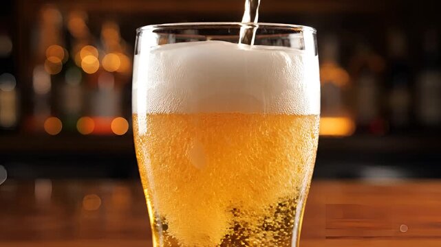 Pouring Refreshing Golden Beer into a Pint Glass with Frothy Head.