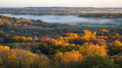 Obraz premium Autumnal vista of forested hills with a river valley shrouded in morning mist.