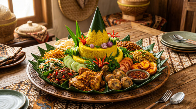 Festive nasi tumpeng cone yellow rice surrounded by traditional side dishes on a large ceremonial platter.