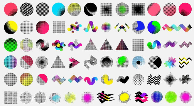 Abstract Geometric Shapes, Retro Memphis Style, Halftone Dots