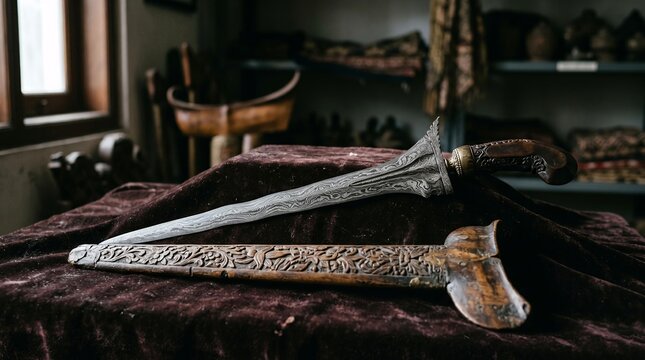 Ornate Ceremonial Daggers and Kris Blades Displayed on Velvet Cloth