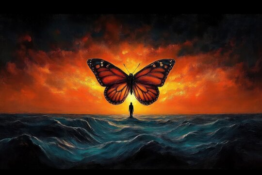solitary figure facing a giant glowing butterfly above a stormy ocean at a fiery sunset, surreal awe and hopeful solitude