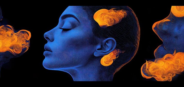 Three stylized blue profile heads with swirling orange flame-like smoke at forehead ear and mouth conveying surreal energy and introspective intensity