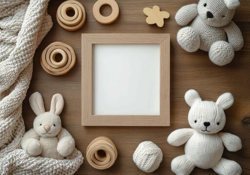 Neutral wooden picture frame surrounded by knitted teddy bears and bunny, wooden stacking rings, a knit blanket and ball on warm wood for a cozy nursery mood