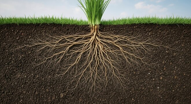 Hidden Foundation: Detailed Cross-Section of Grass and Its Expansive Root System