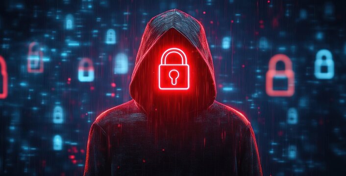 Hooded figure with a glowing red padlock face amid falling digital code and floating lock icons, conveying menace, secrecy and cyber threat