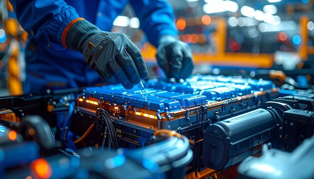 Technician Assembling Electric Vehicle Battery