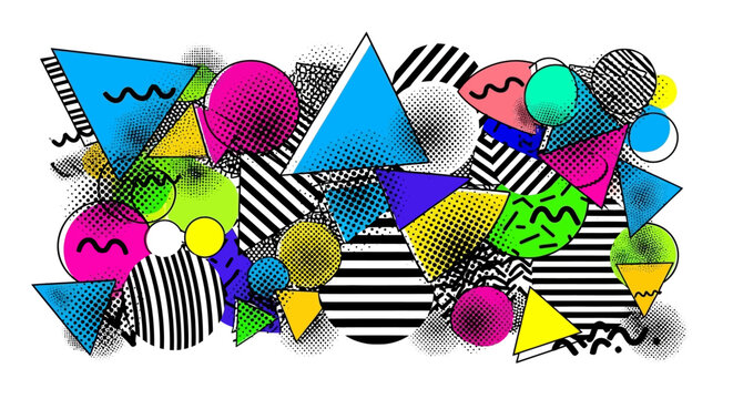 Retro Memphis Pattern: Colorful Geometric Shapes Collage