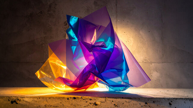 Geometric plastic art installation on concrete surface. Iridescent purple cyan neon light reflection with warm spotlight background for commercial presentation, banner design and copy space.