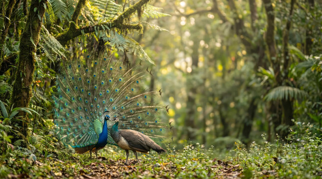 Pair of peacocks displaying feathers together in misty jungle, vibrant exotic birds, copy space left side